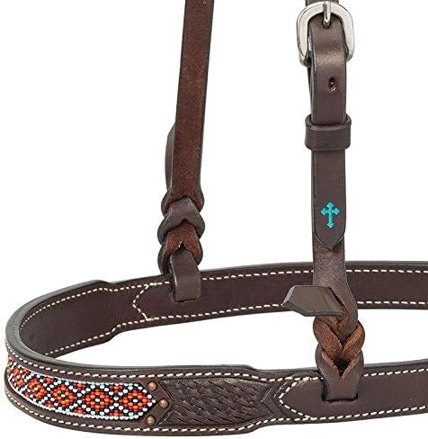 Weaver Leather Beaded Basketweave Noseband - Aztec Design & Antique Copper Accents - 1" Width - Dark Oiled Leather