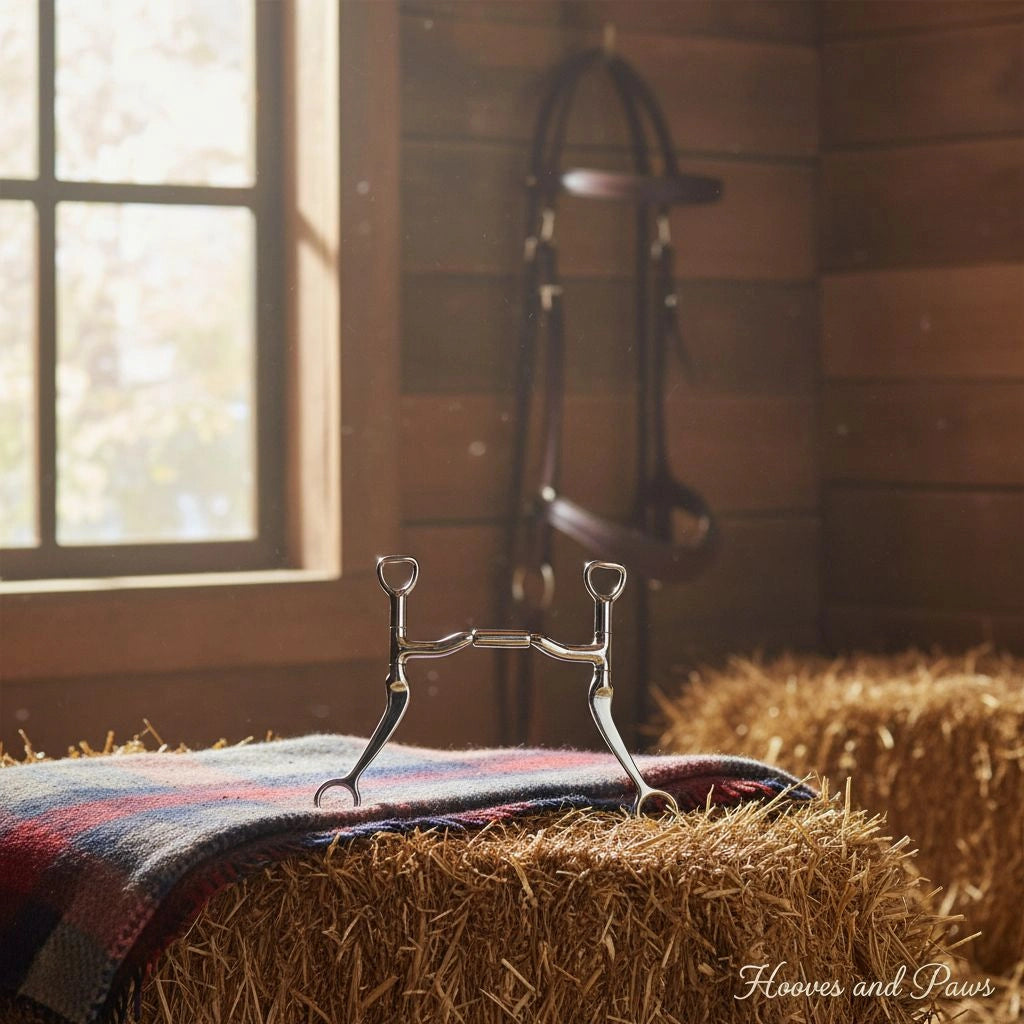 Myler MB 36 sweet iron ported barrel horse bit displayed on a patterned blanket over hay bales in a rustic barn, with a leather bridle and sunlit window in the background, for enhanced horse comfort.