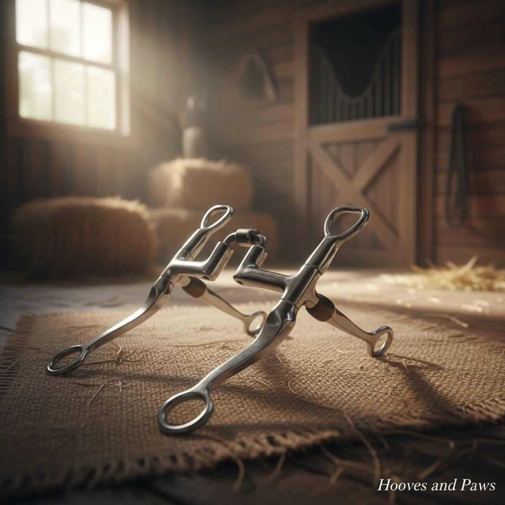 Two Myler MB 27PB Sweet Iron Correctional Curb Bits with 5-inch mouths, displayed on burlap in a sunlit barn with hay and stable doors.