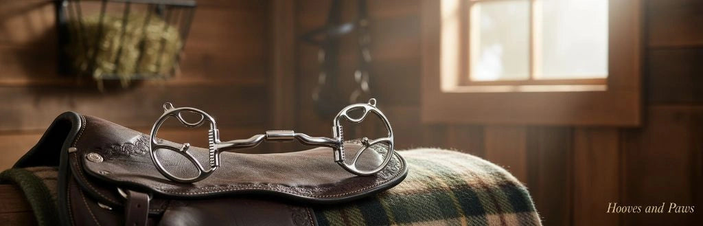 Silver Myler Western 2 Hook Low Port Comfort Snaffle bit on a dark brown leather western saddle with a plaid blanket in a rustic, sunlit barn.