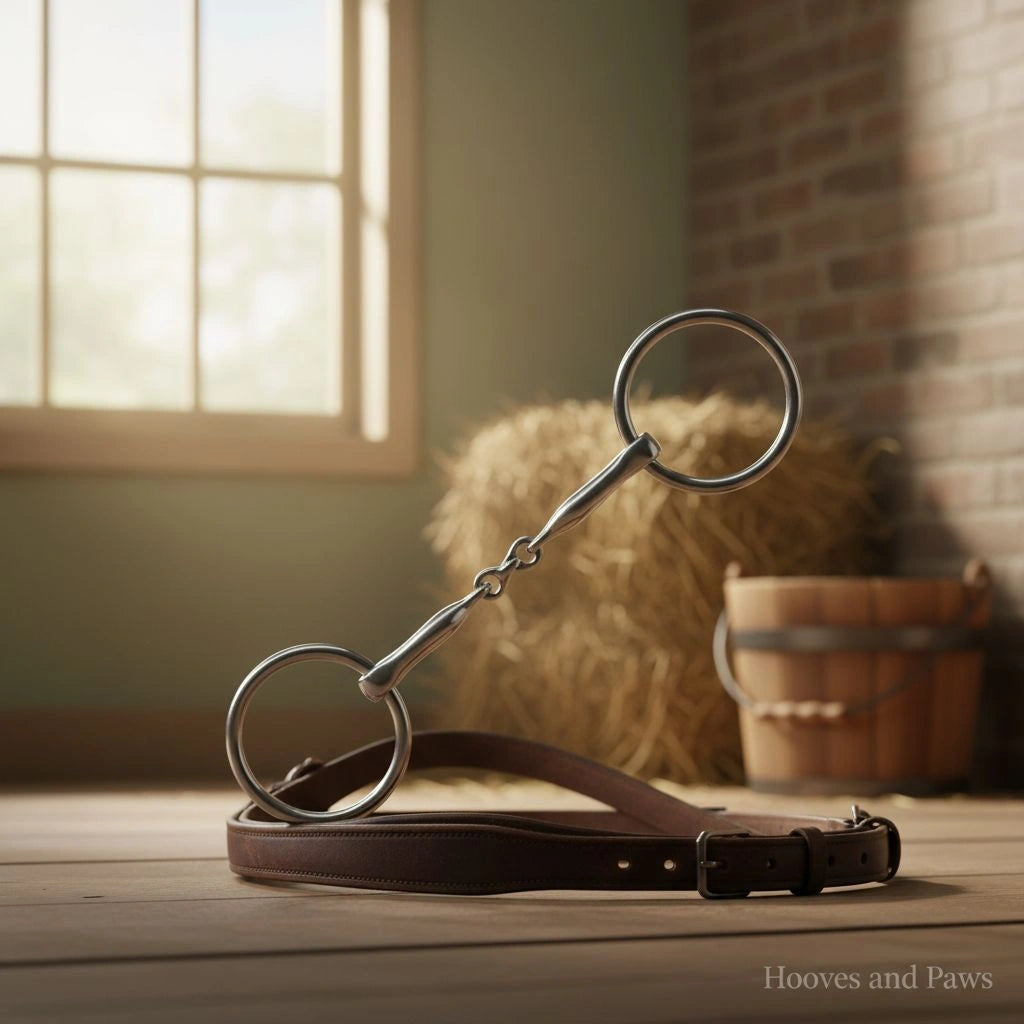 Shiny Myler MB 10 French Link Snaffle horse bit resting on a brown leather strap on a wooden stable floor, with a blurred hay bale, wooden bucket, and sunlit window in the background.