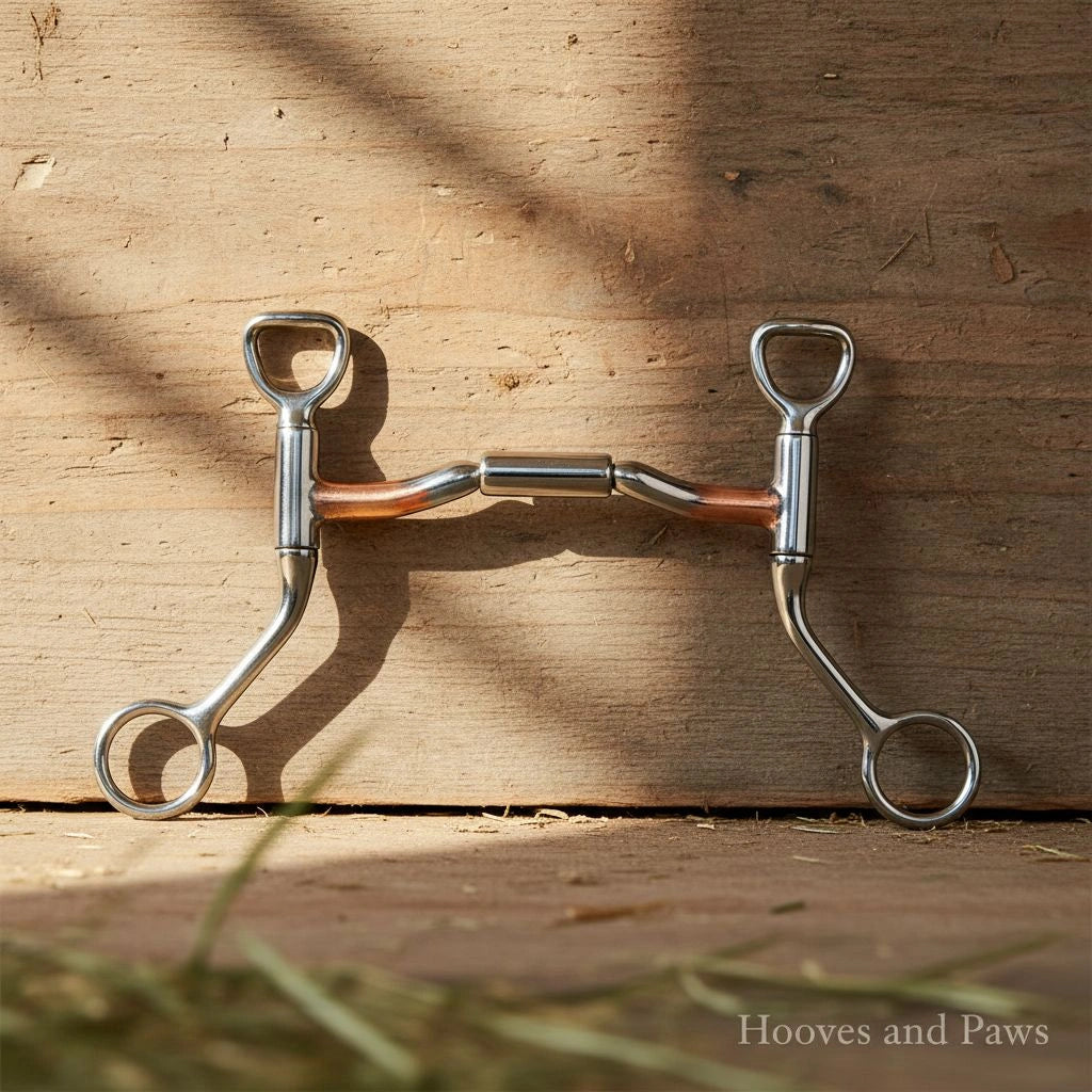 Myler HBT Ported Barrel Snaffle Bit with sweet iron and copper inlay, displayed on a wooden surface.