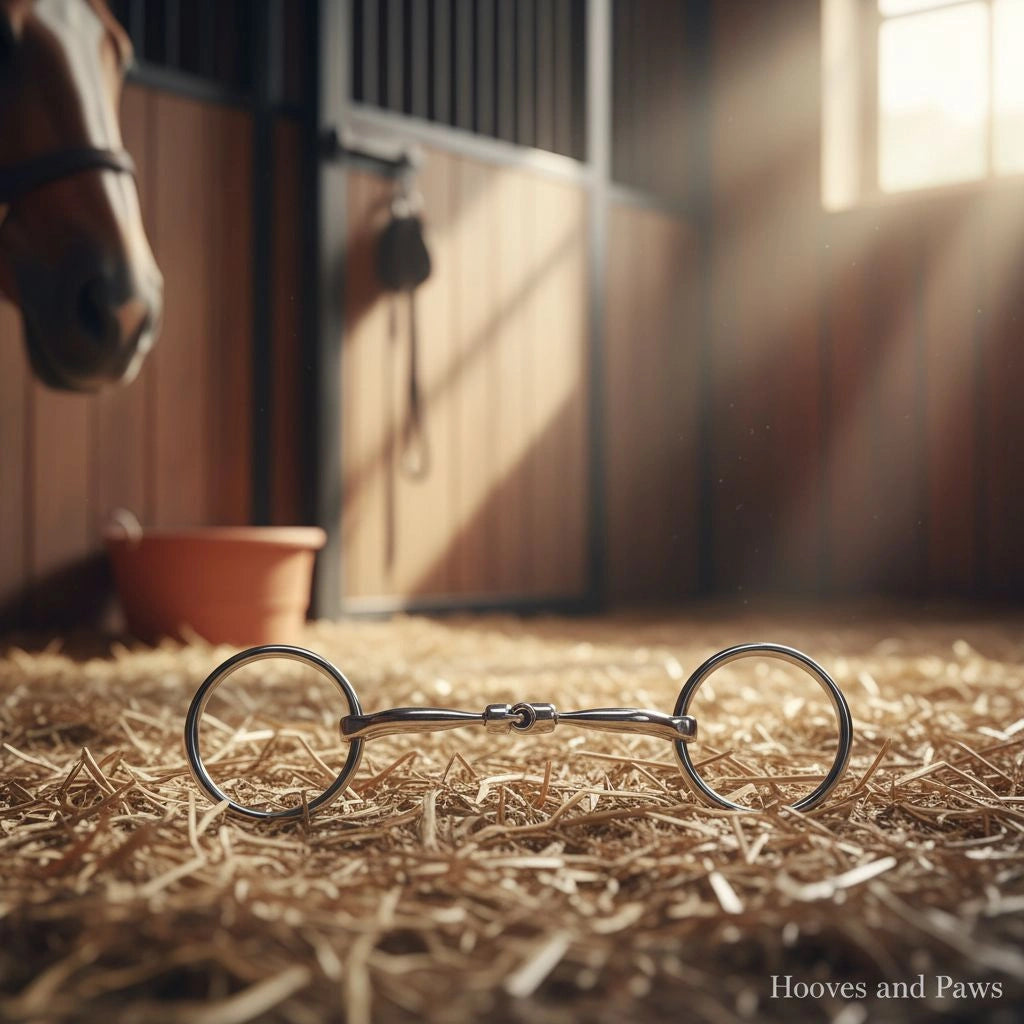 Stainless steel Myler MB 02 Comfort Snaffle horse bit with copper inlay on straw in a sunlit stable, horse and bucket blurred in background.