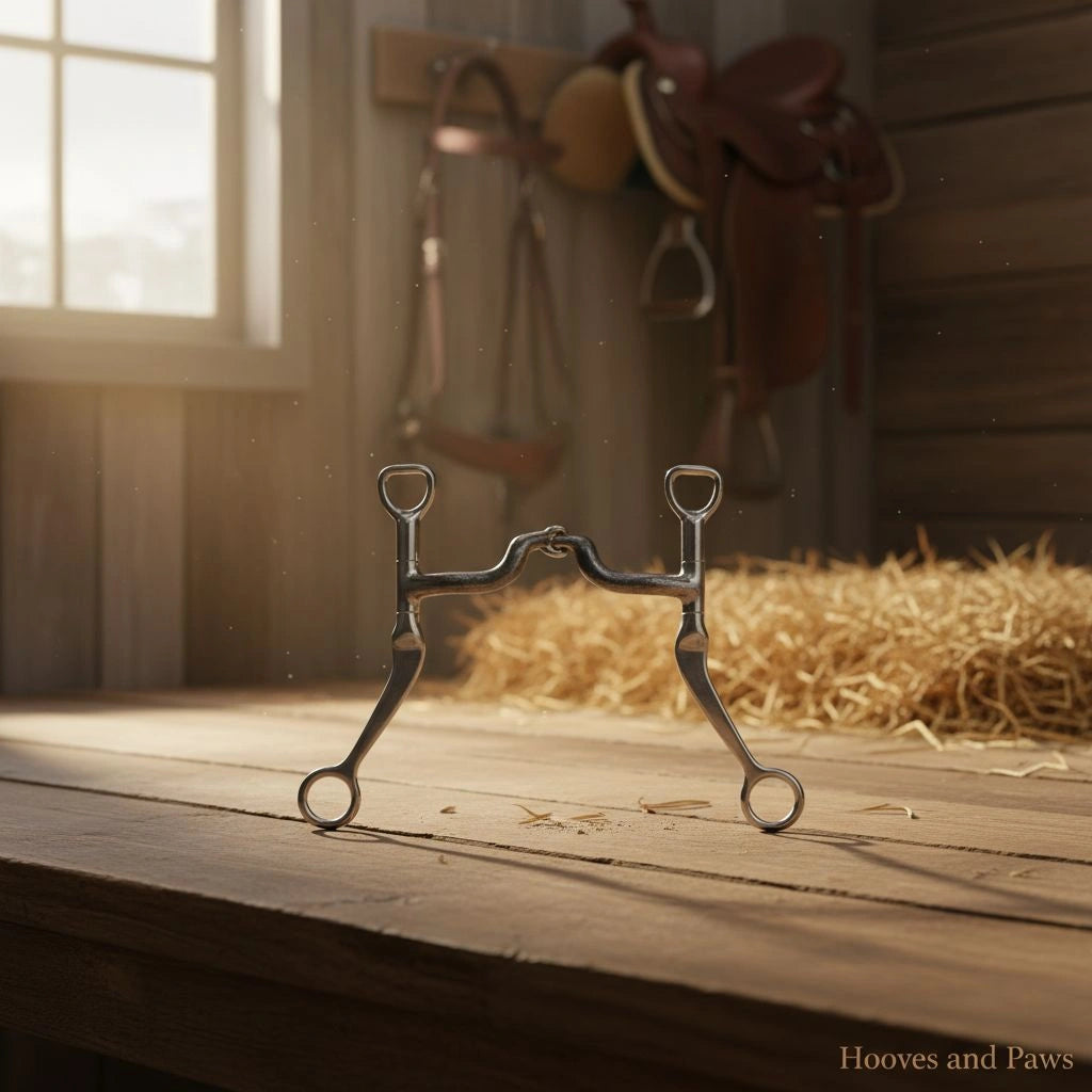 Myler MB 43LP sweet iron low ported barrel horse bit resting on a wooden surface in a rustic stable, with a saddle, bridle, and hay in the background.