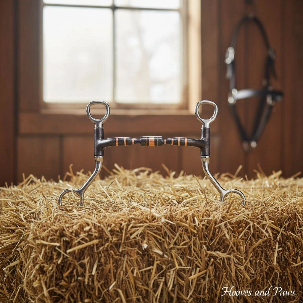Myler HBT Shank Snaffle Bit with sweet iron and copper inlay, displayed on a straw bale in a barn.
