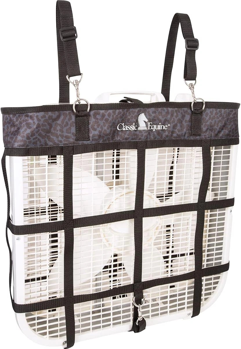 Classic Equine Black Leopard Fan Bag - 20" Stall Fan Holder - Durable Nylon Box Fan Carrier