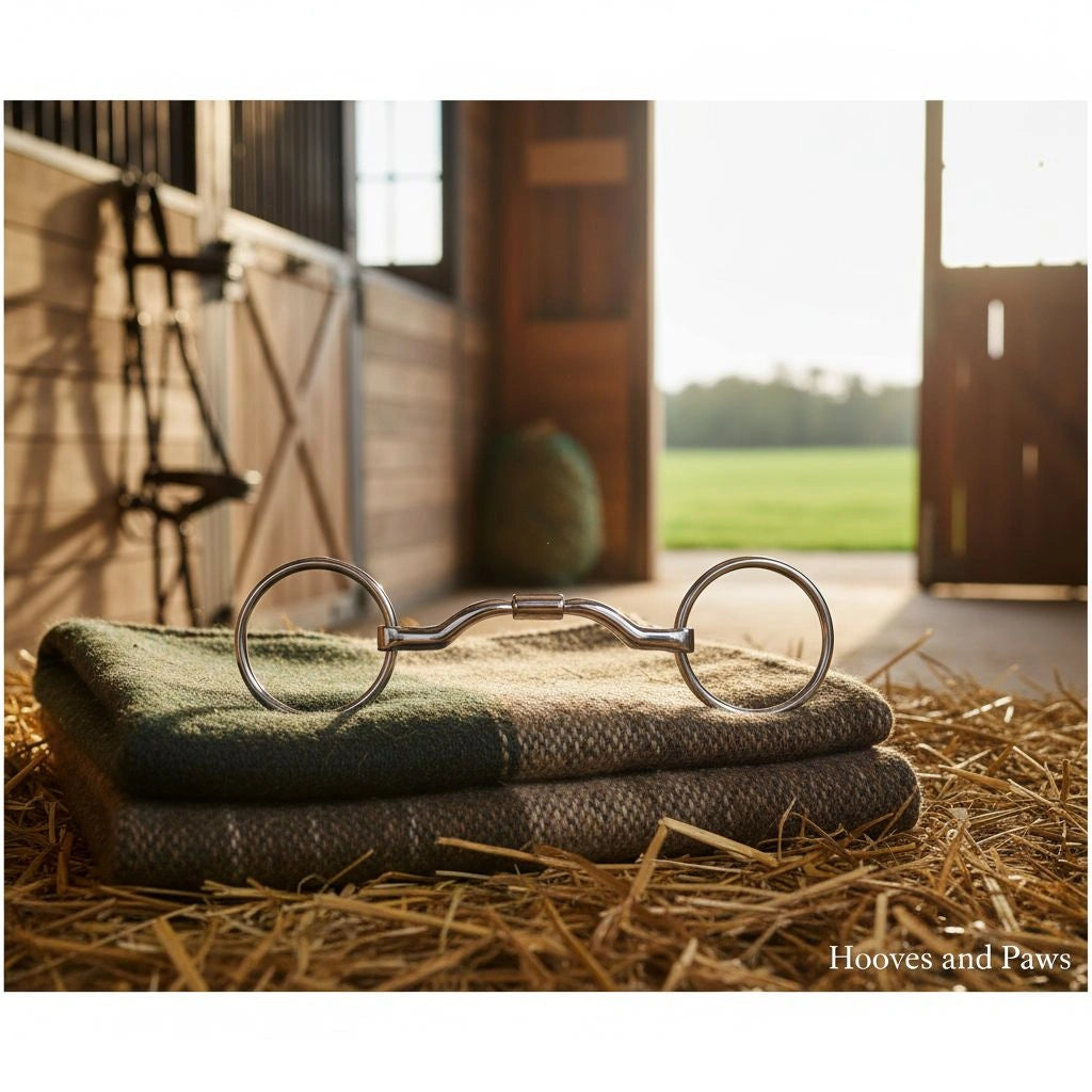 Silver Myler MB 33WL loose ring snaffle, dressage legal with tongue relief, resting on green and brown woolen blankets and hay in a sunlit stable.