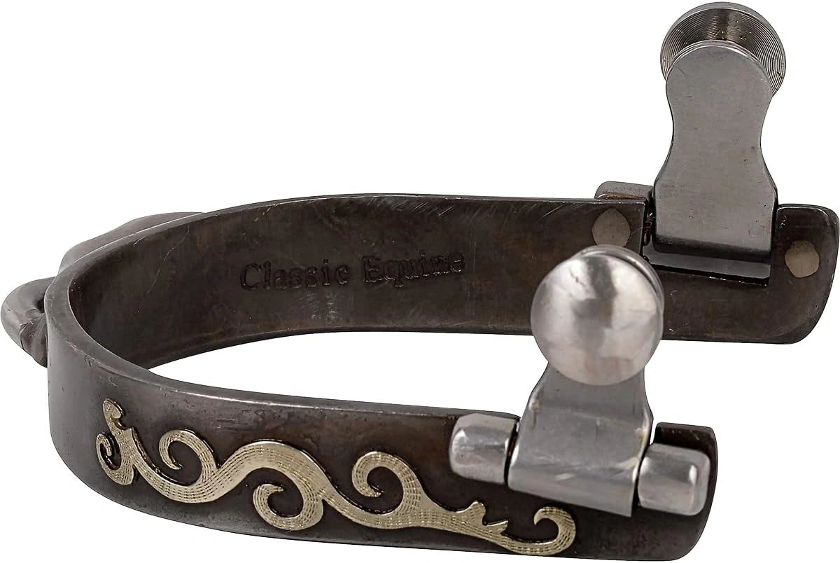 Classic Equine Engraved Scroll Bumper Spurs - 1/2" Band, Antique Finish with Silver and Copper Scroll Detail