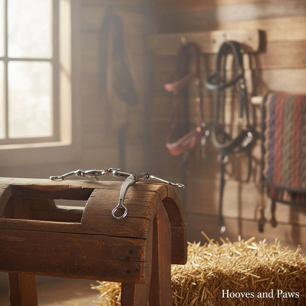 Myler MB 47 Correctional Curb Bit (sweet iron, 5 inch mouth) on a rustic wooden saddle stand in a barn, with hay bales and horse tack in the background.