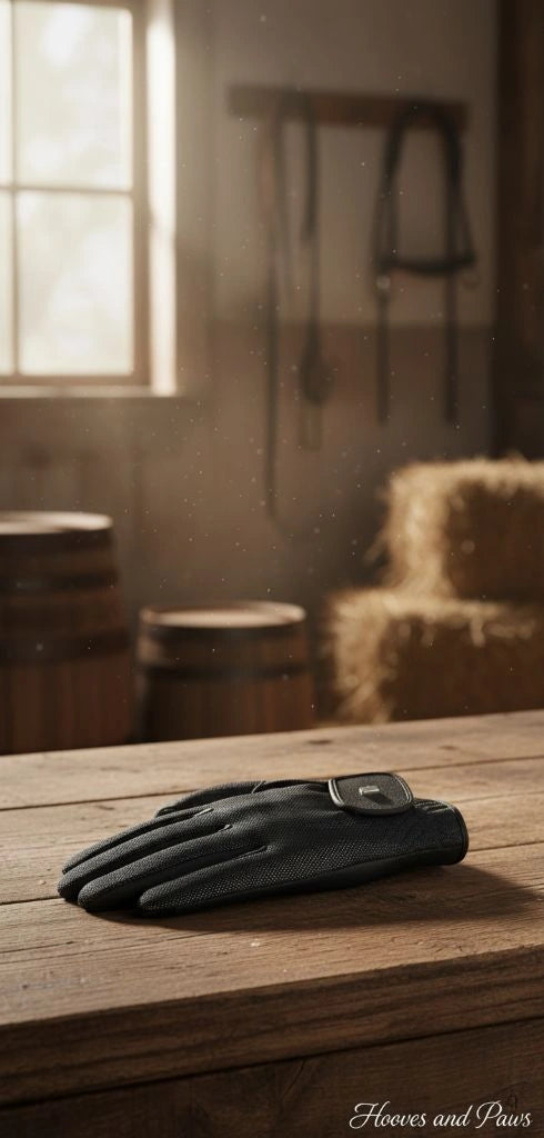 Myler Roeck ROECK Grip LITE black riding glove, featuring textured fabric and a snap closure, resting on a rustic wooden table. A blurred sunlit barn interior with hay bales, barrels, and horse tack is in the background.
