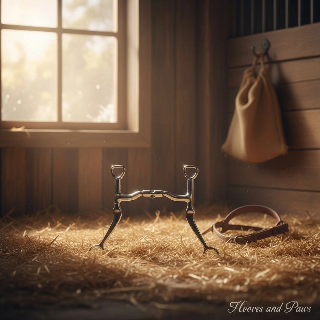 Myler MB 36 Sweet Iron Curb Bit with a forward tilt ported barrel, designed for enhanced horse comfort, stands on hay in a sunlit stable beside a brown leather strap.