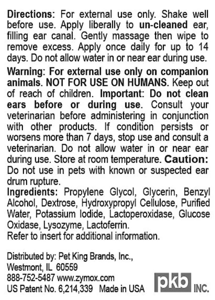 Zymox Otic Dog Pet Ear Treatment Hydrocortisone Free 1.25 oz
