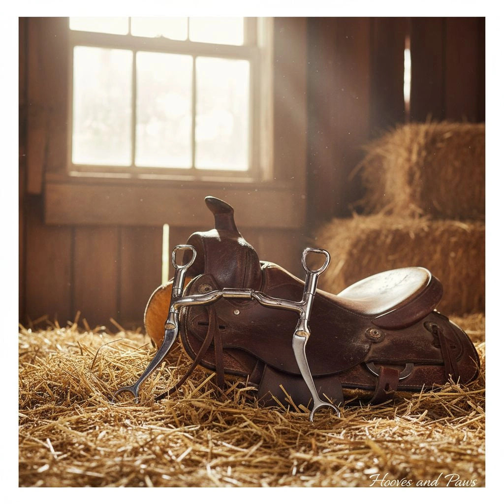 Myler MB 04 Snaffle Bit with sweet iron and copper inlay for comfort, resting on a western saddle amidst hay in a sunlit barn.