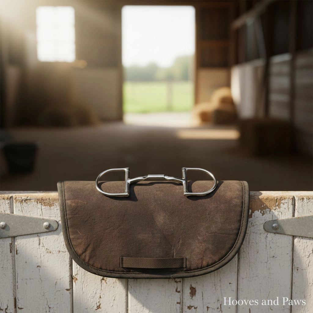 Stainless steel Myler Pony Dee Snaffle Bit with mullen barrel, resting on a brown saddle pad on a weathered stable door. A sunlit barn interior with hay bales and a green field are visible in the background. USEF/FEI legal horse bit.