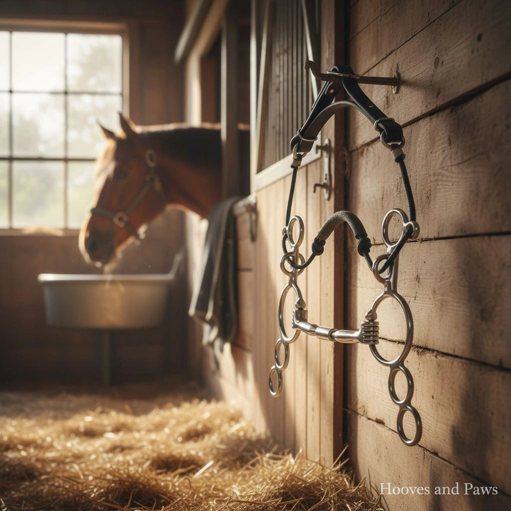 Myler Combination Bit, Sweet Iron Comfort Snaffle, hanging on a wooden stable wall with a horse in a sunlit stall.