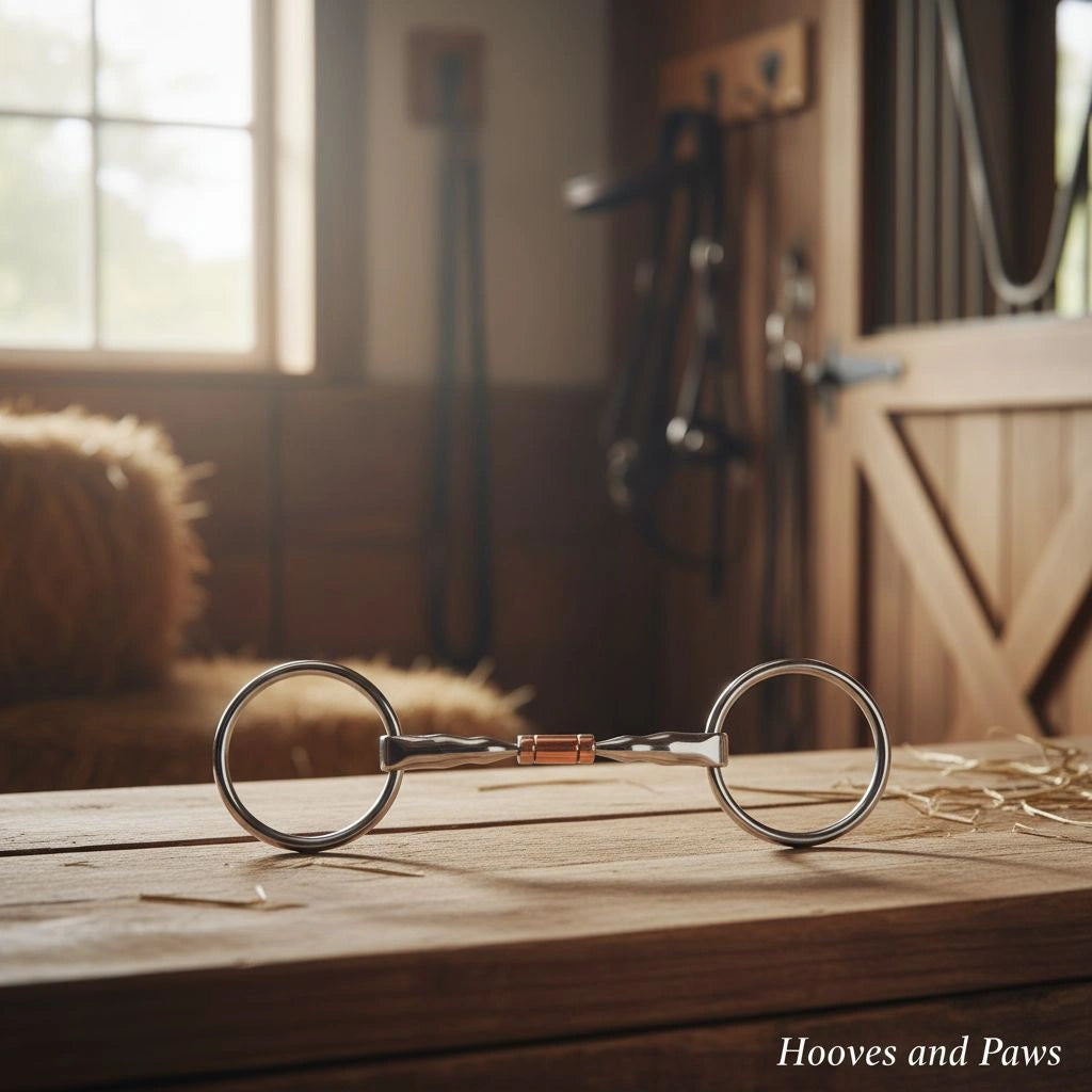 Myler MB 02 Loose Ring Snaffle Bit, 6-inch size with copper inlay, on a rustic wooden stable table. A blurred background reveals a sunlit barn interior with hay and hanging equestrian tack.