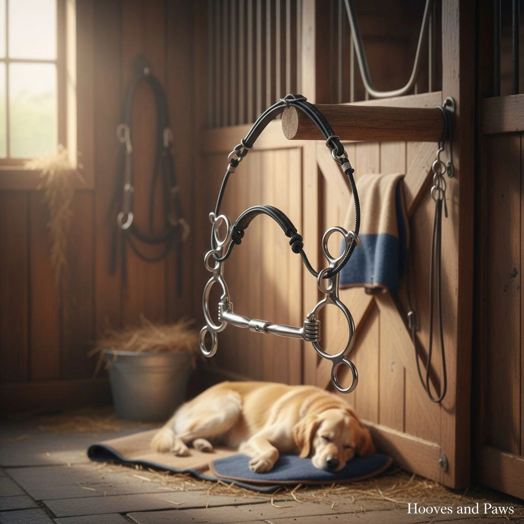 Myler MB 02 Combination Bit with wide barrel and sweet iron comfort, for enhanced control, hanging in a rustic stable. A golden retriever dog sleeps on a mat below.