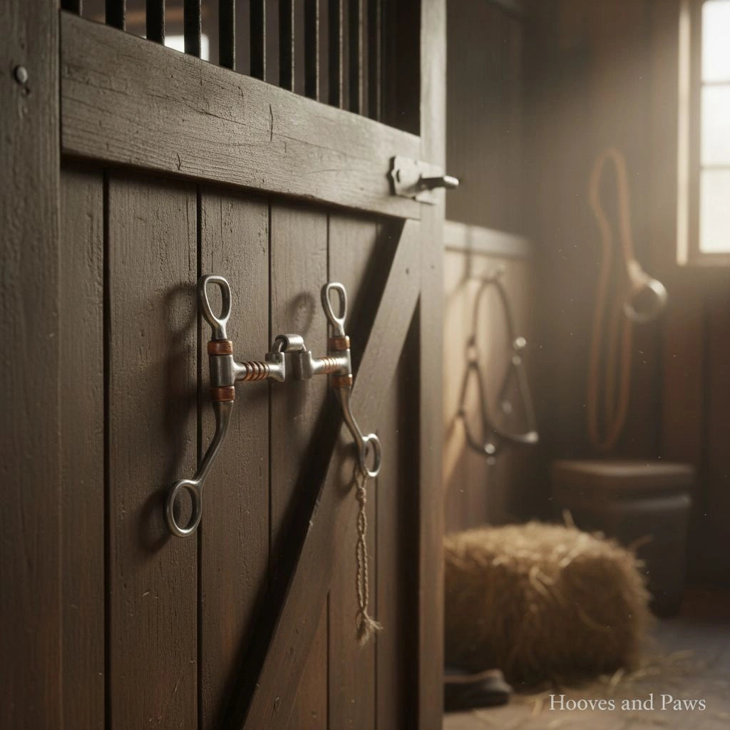Myler MB 27PB Correctional Snaffle Bit, sweet iron and copper, hanging on a dark wooden stable door in a rustic barn with sunlight.