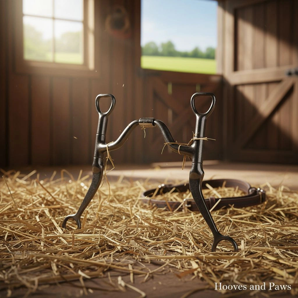 Myler MB 16PB Wide Ported Barrel Bit, sweet iron, 5 inch mouth, displayed on hay inside a rustic, sunlit barn with an open door and window.