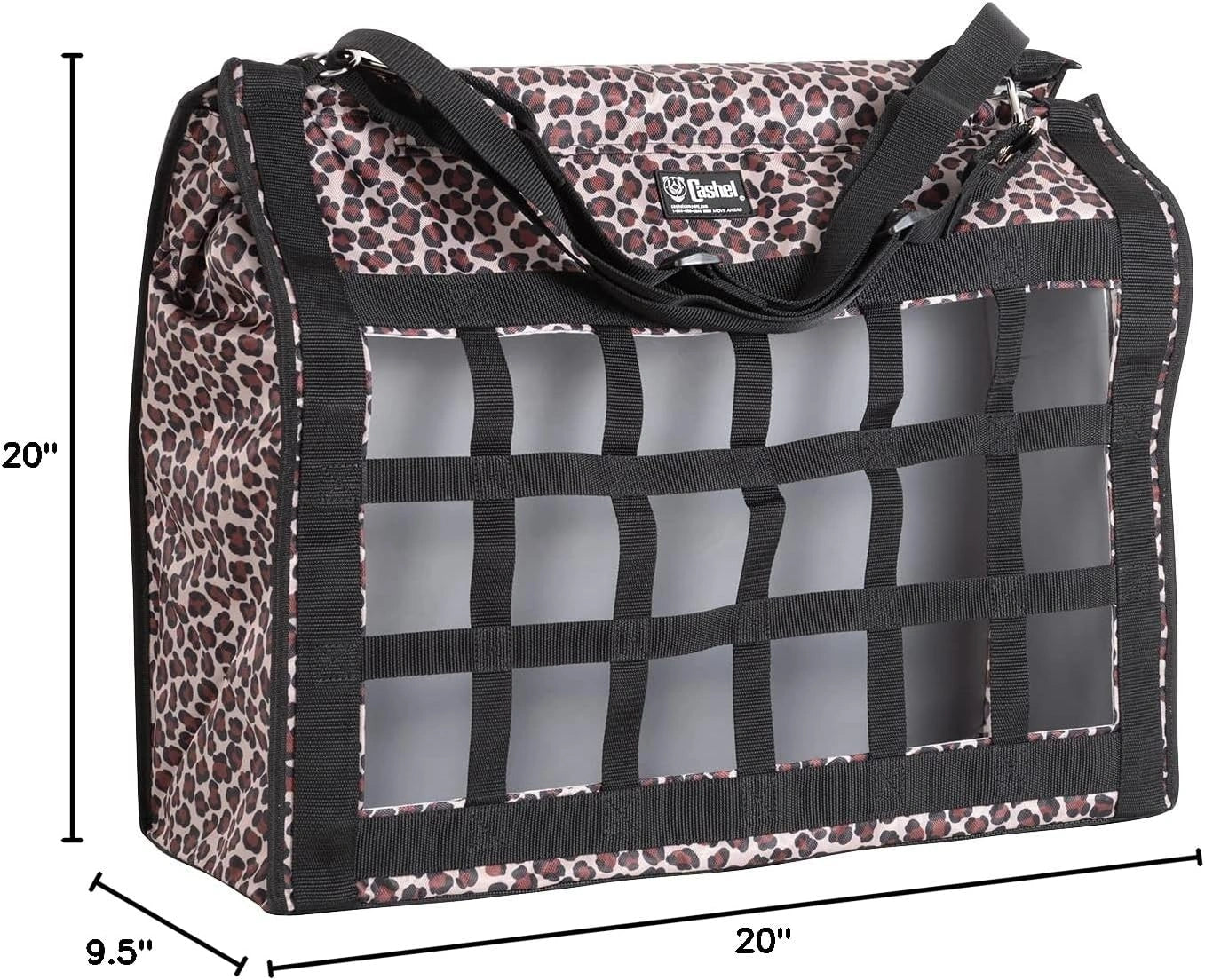 Cashel Slow Feed Top Load Hay Bag - Brown Leopard - Durable Poly Horse Feeder with Mesh Bottom & Adjustable Strap