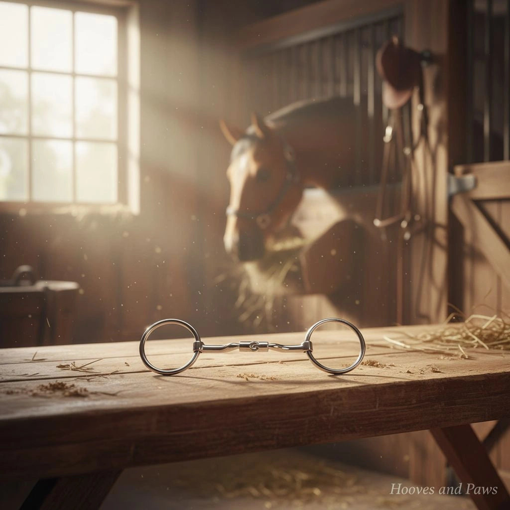 Myler MB36-14mm Loose Ring Snaffle Bit, dressage legal, on a rustic wooden table in a sunlit barn with a blurred horse in the background.