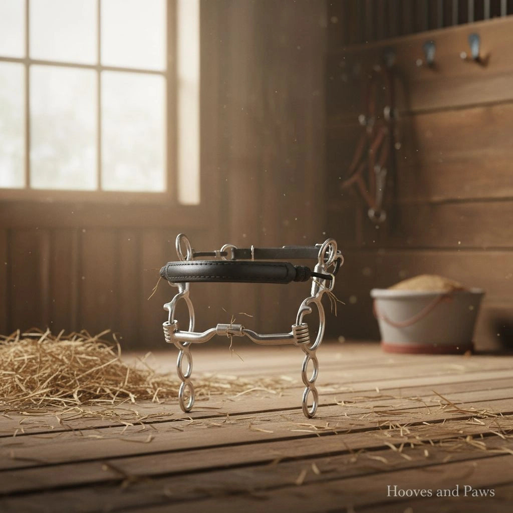Myler MB 04 sweet iron combination horse bit with a black leather comfort strap, standing on a hay-scattered wooden stable floor in a sunlit barn.