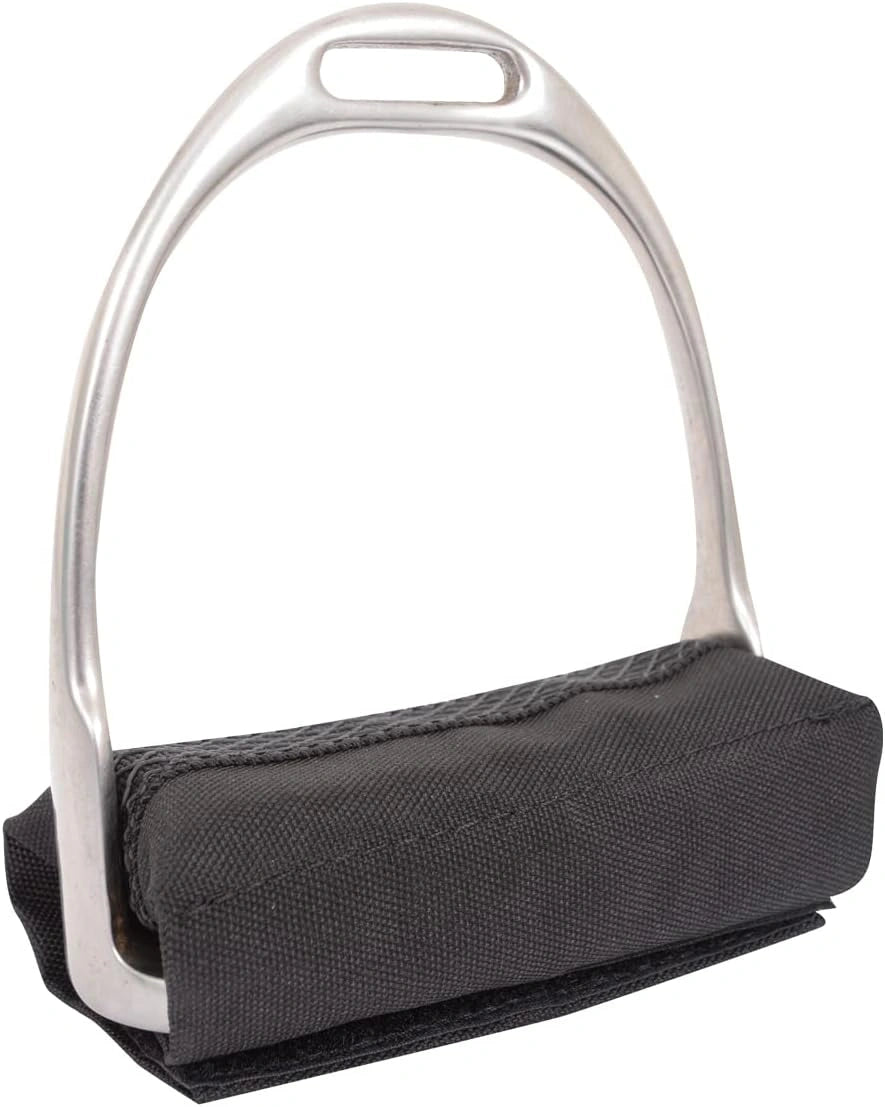 Equestrian stirrup with black rubber pad on a white background