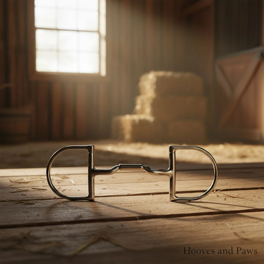 Myler MB 06 Dee Snaffle horse bit with a medium port mouthpiece, made of stainless steel, resting on a wooden barn floor with sunlight streaming in.