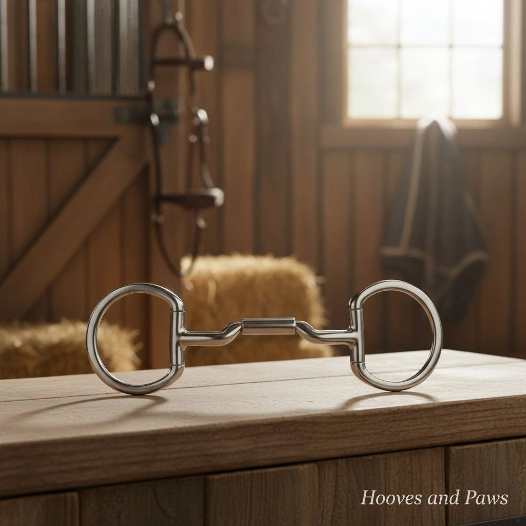 Myler Eggbutt Snaffle Bit 5 inch MB 06, dressage legal, made of shiny silver metal, displayed on a rustic wooden surface in a sunlit barn.