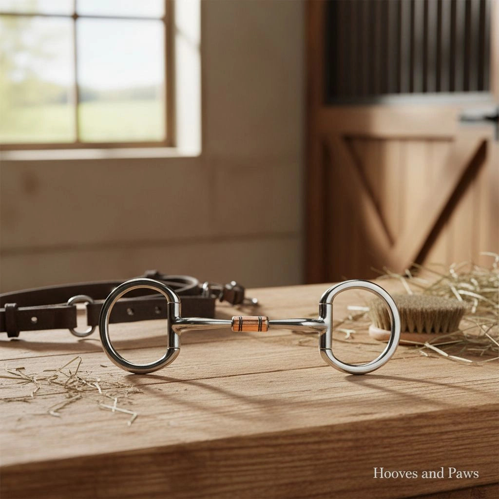 Myler MB 02 Eggbutt Snaffle Bit, stainless steel with copper inlay, on a rustic wooden table with a leather bridle and stable accessories.