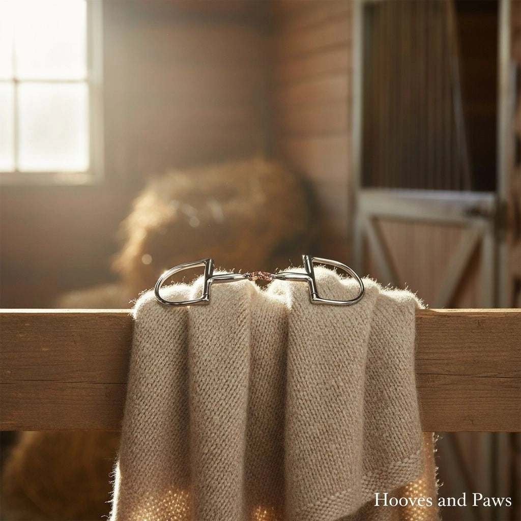 Myler English Dee Snaffle Bit, stainless steel with French link and copper inlay, draped over a beige knitted blanket on a wooden rail in a warm, sunlit stable.