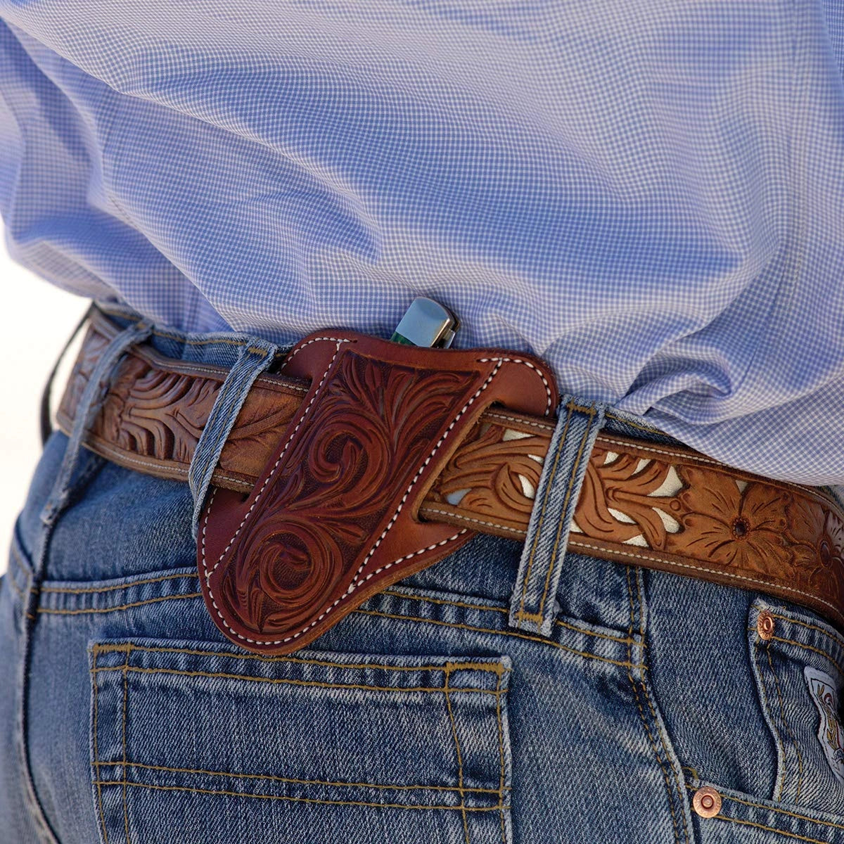 Martin Saddlery Floral Angled Tooled Leather Knife Scabbard - Large 4 7/8in L x 4 3/8in W - Made in USA