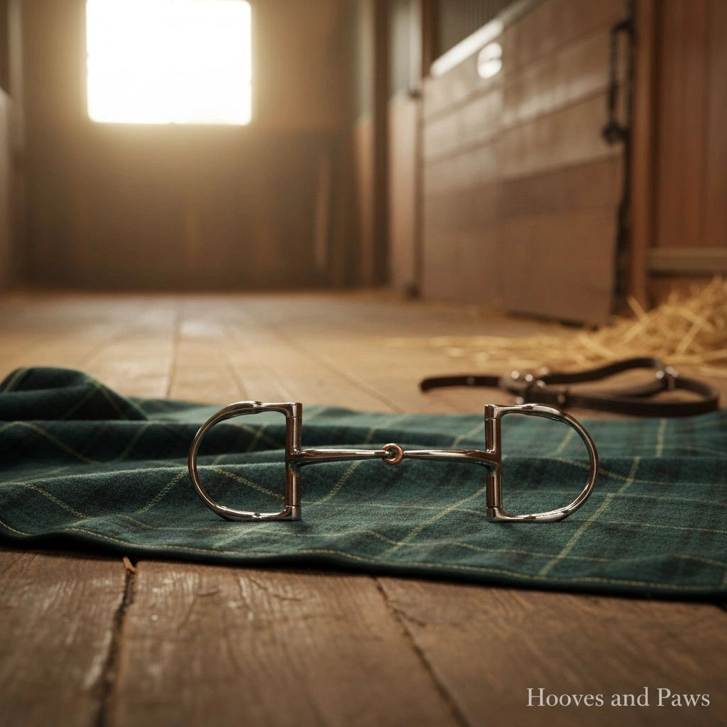 Myler English Dee Snaffle Bit, stainless steel with copper inlay, resting on a green plaid blanket on a wooden floor. A bright window illuminates a blurred stable background with horse stalls.