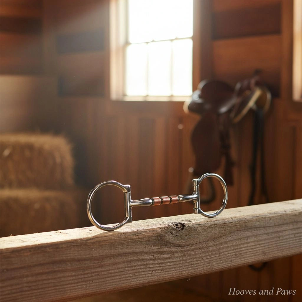 Myler Western Dee Snaffle Bit with Sweet Iron Mullen Barrel and copper inlay mouthpiece resting on a rustic wooden fence in a sunlit barn.