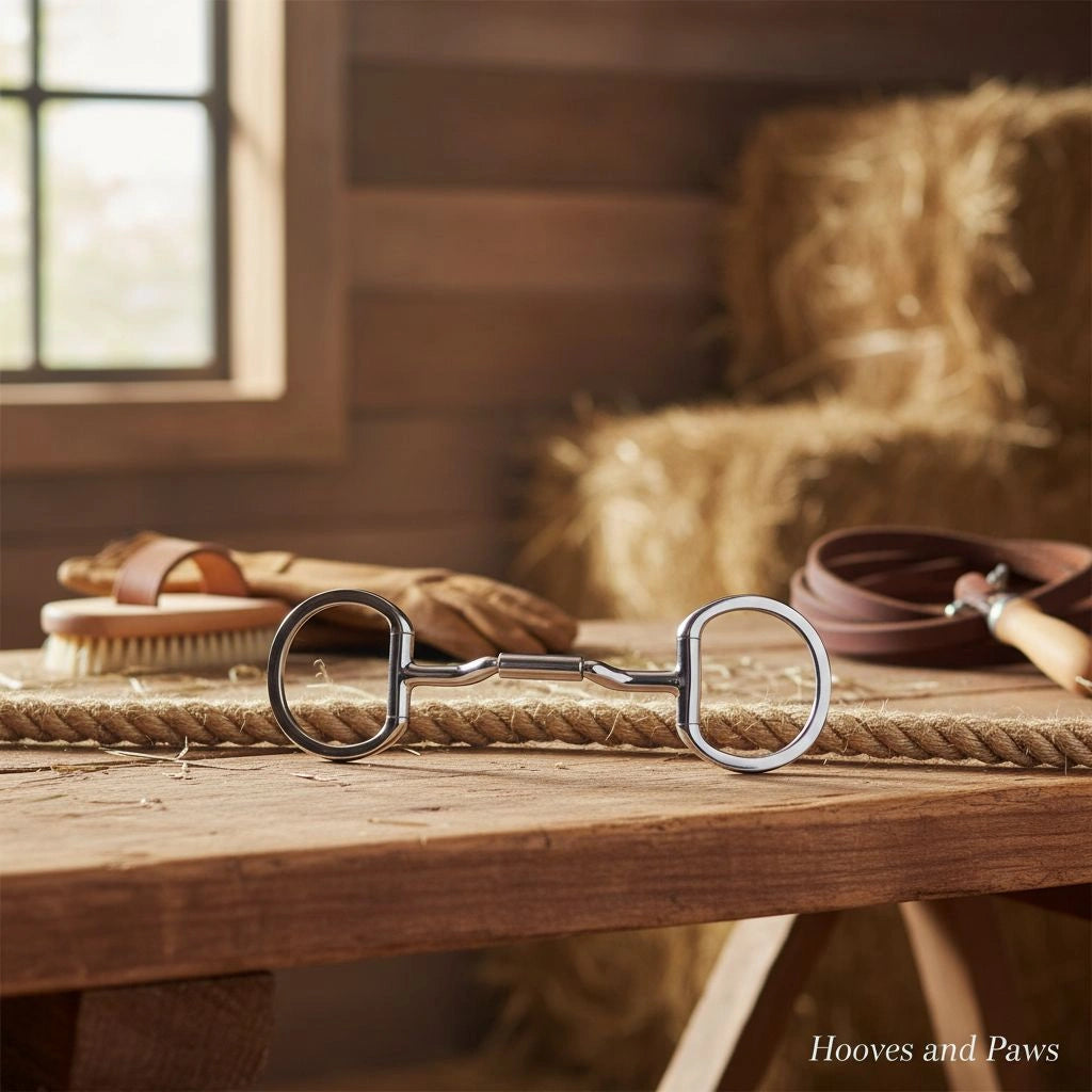 Myler Eggbutt Snaffle Bit (5-inch, MB 36, dressage legal) on a wooden barn table with horse brush, leather gloves, and hay bales.