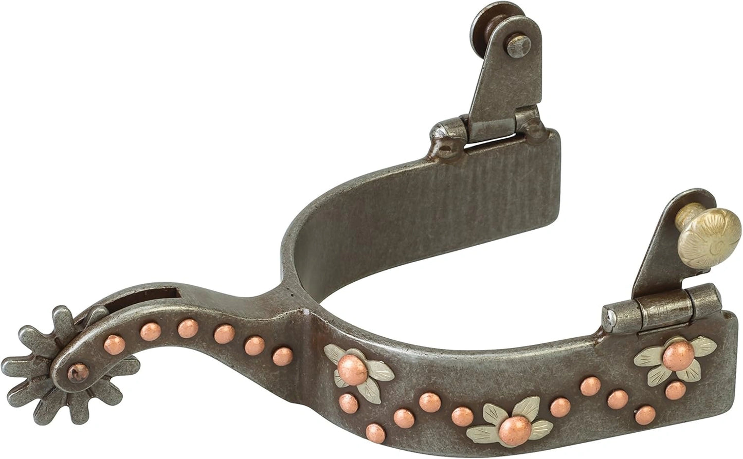 Weaver Leather Men's Spurs with German Silver Floral Trim and Copper Dots - 2" Shank, 1" Band, 10-Point Rowel