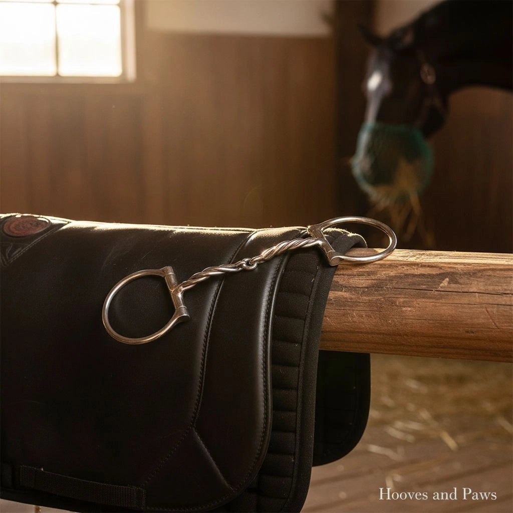 Myler Western Dee Snaffle Bit with twisted sweet iron mouthpiece and D-rings, resting on a black saddle pad draped over a wooden rail in a sunny stable, with a blurred horse in the background.