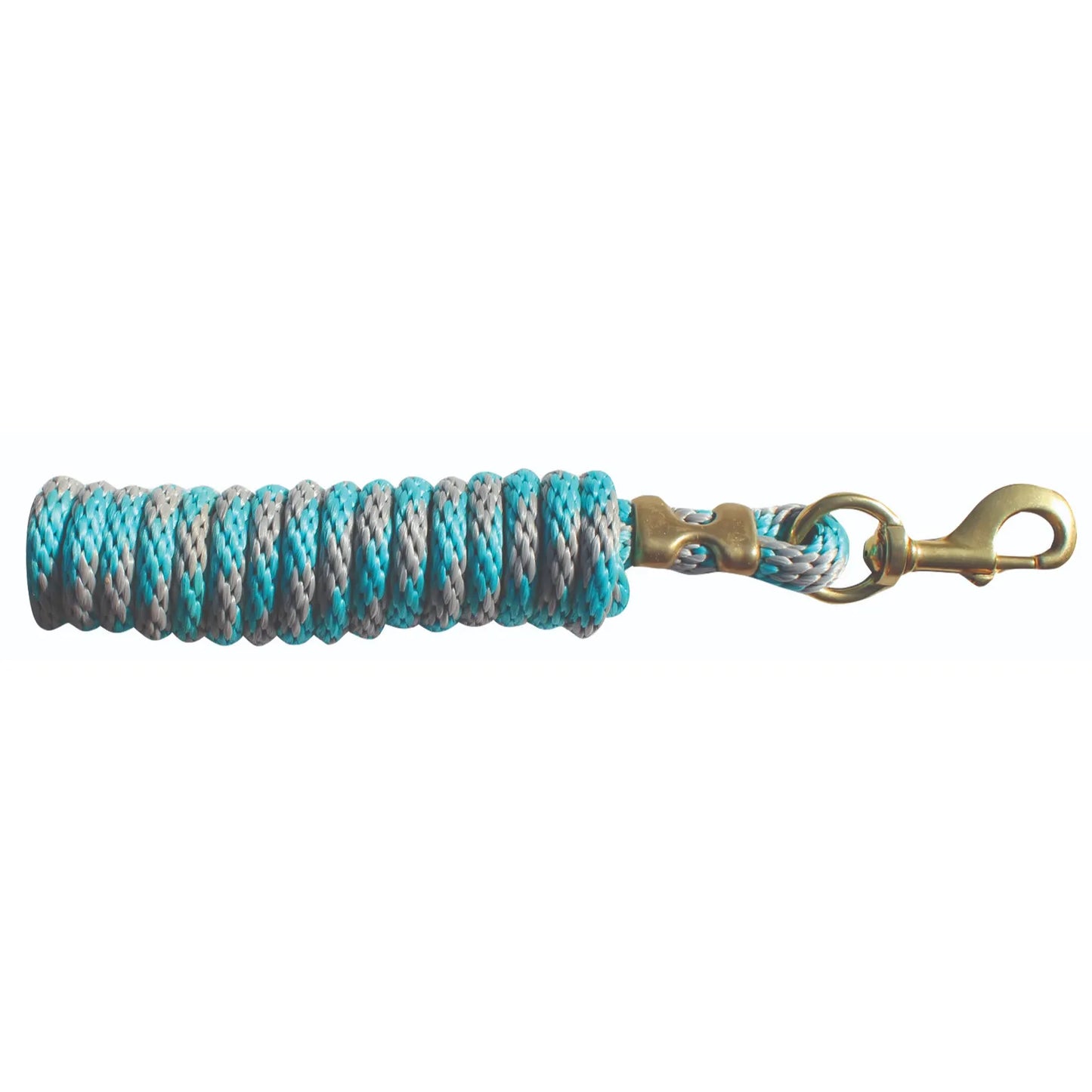 Professional's Choice 10ft Poly Lead Rope featuring a vibrant teal and grey braided design. This durable horse lead rope is equipped with a heavy-duty brass-finished snap hook and a secure metal crimp for long-lasting performance. Soft yet strong, the comfortable poly material makes it an essential piece of equestrian gear for daily leading and horse handling. Ideal for adding style and reliability to your horse grooming and training kit.