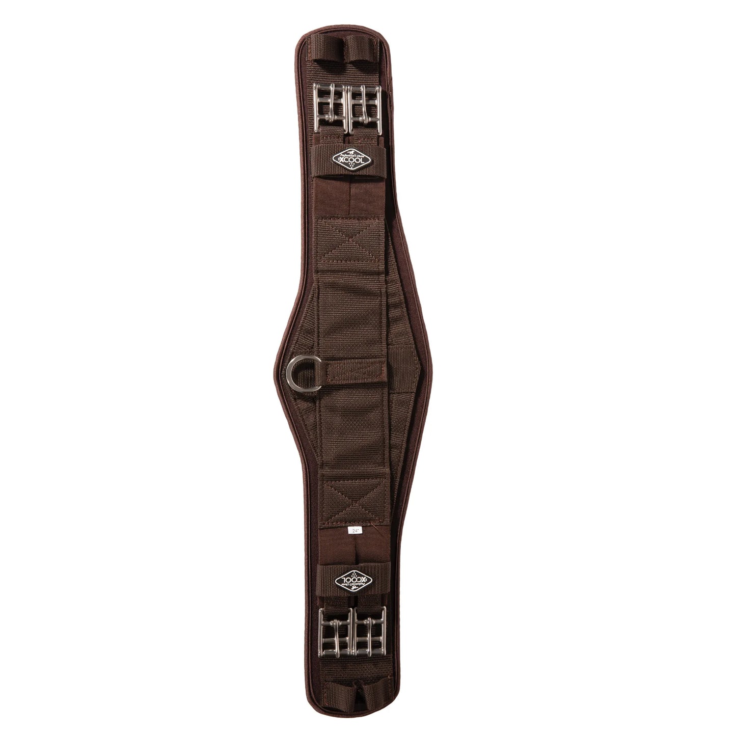 Professional's Choice 2XCool Monoflap Girth in chocolate brown. This contoured horse girth features cooling mineral-infused fabric to keep your horse dry and comfortable. Designed for even pressure distribution, it includes stainless steel roller buckles and a center D-ring for attachments. Ideal for monoflap saddles, this breathable, soft-grip girth offers high-performance comfort and stability for equestrian training and competition.