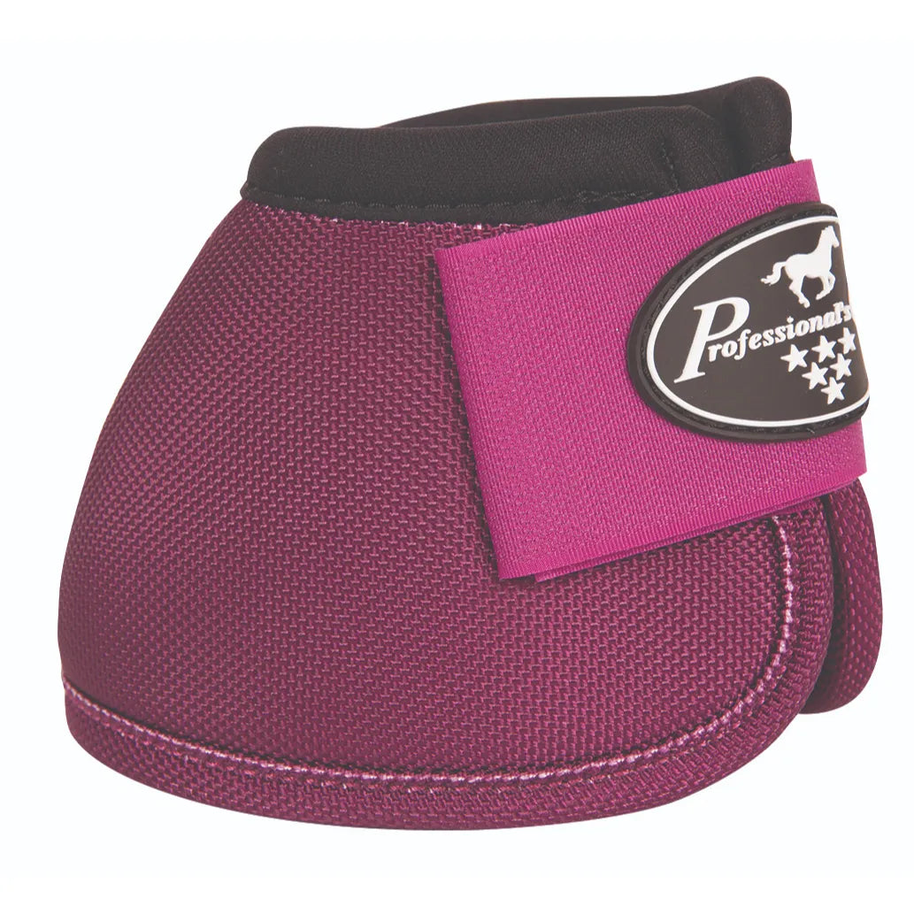 Professional's Choice Ballistic Bell Boots in maroon with a vibrant pink Velcro closure. Designed for ultimate hoof protection, these durable horse boots feature heavy-duty ballistic nylon construction to prevent overreach injuries. Stylish and functional equestrian gear perfect for performance horses, jumping, or turnout. The secure hook-and-loop strap with a rubberized logo ensures a protective and perfect fit for every ride.
