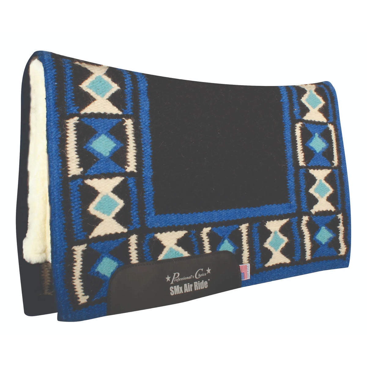 Professional's Choice Comfort-Fit SMX Air Ride Western saddle pad featuring a vibrant royal blue, turquoise, and cream Navajo pattern on a black background. This shock-absorbing horse pad includes a thick white fleece lining and durable black leather wear leathers with the SMX Air Ride logo and USA flag. Designed to improve saddle fit and protect your horse’s back, it’s a stylish and functional equestrian gear essential for trail or performance riding.