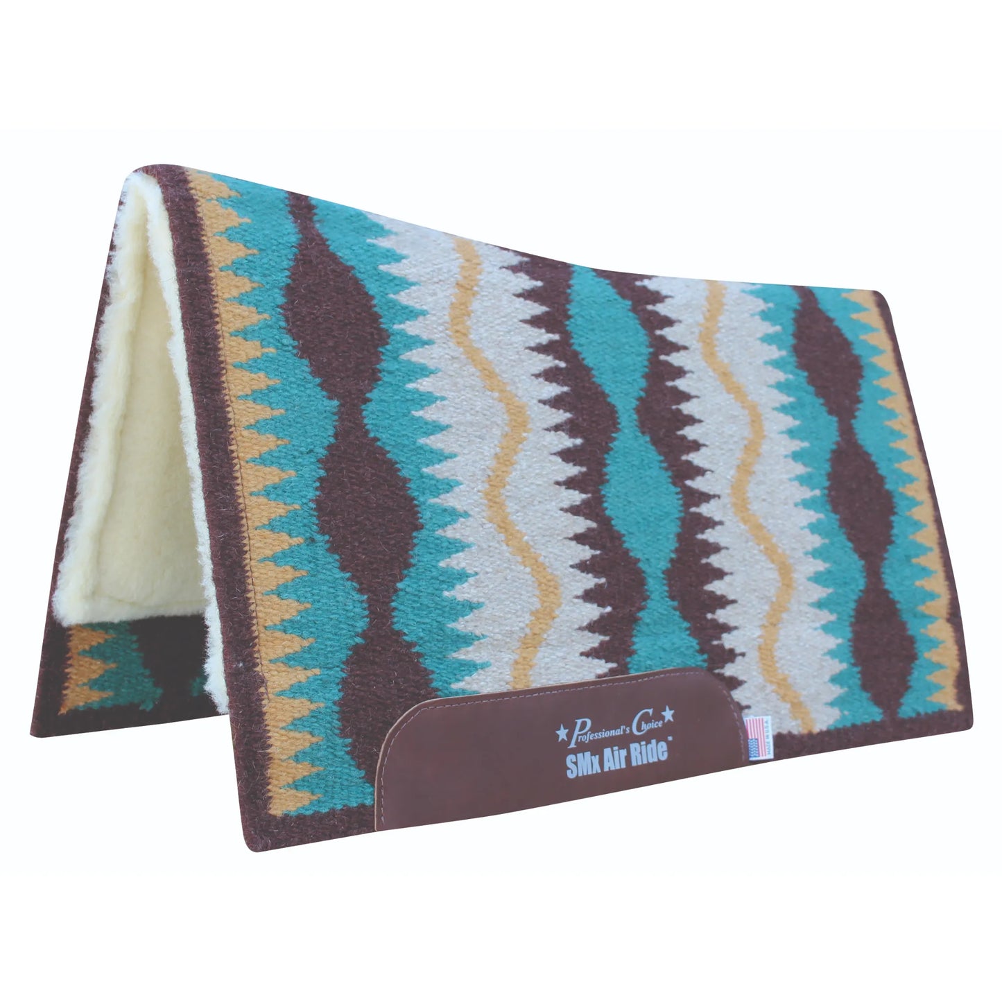 Professional's Choice Comfort-Fit SMX Air Ride Western saddle pad featuring a Southwest Serpentine geometric pattern in teal, brown, tan, and cream. This high-performance horse pad includes a moisture-wicking fleece lining for cooling and shock absorption. A brown leather wear leather with the Professional's Choice logo sits at the base. High-quality equine tack for comfort and style in the arena or on the trail.