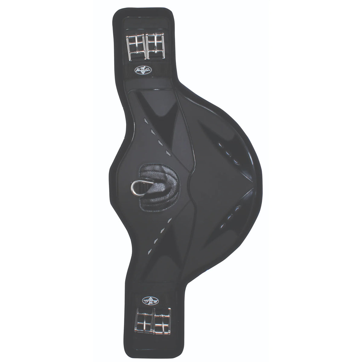 Professional's Choice black contoured stud girth designed for maximum horse comfort and freedom of movement. This premium equestrian girth features an anatomical shape with a wide belly plate, heavy-duty stainless steel roller buckles at both ends, and a center D-ring for easy attachments. Durable and stylish, it prevents rubbing and pressure points, making it the perfect choice for jumping and performance horses. Upgrade your saddle gear with this top-rated horse girth.