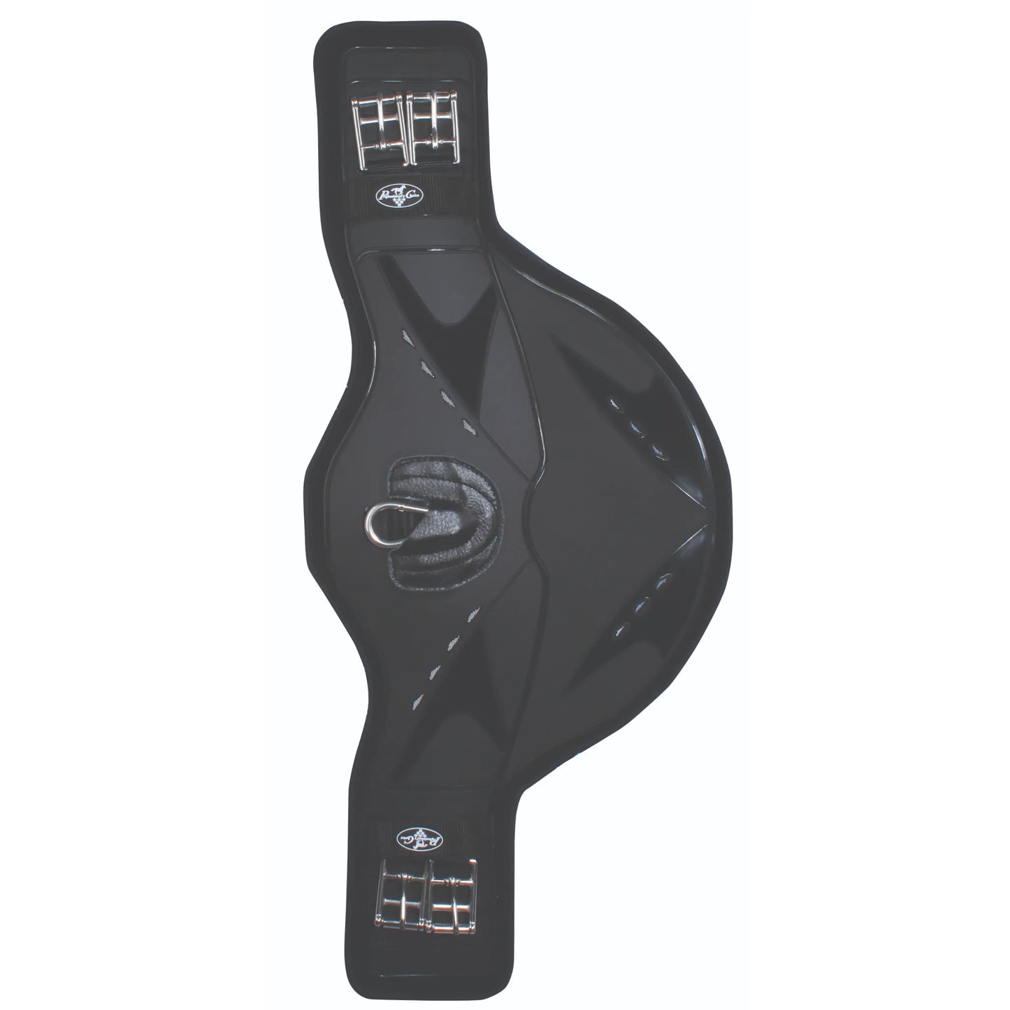 Professional's Choice black contoured stud girth designed for maximum horse comfort and peak performance. This anatomical English girth features a protective wide belly plate, heavy-duty stainless steel roller buckles, and a central carabiner attachment for training aids. Ideal for show jumping and eventing, this premium equestrian tack ensures a secure fit while allowing full freedom of movement for your horse.