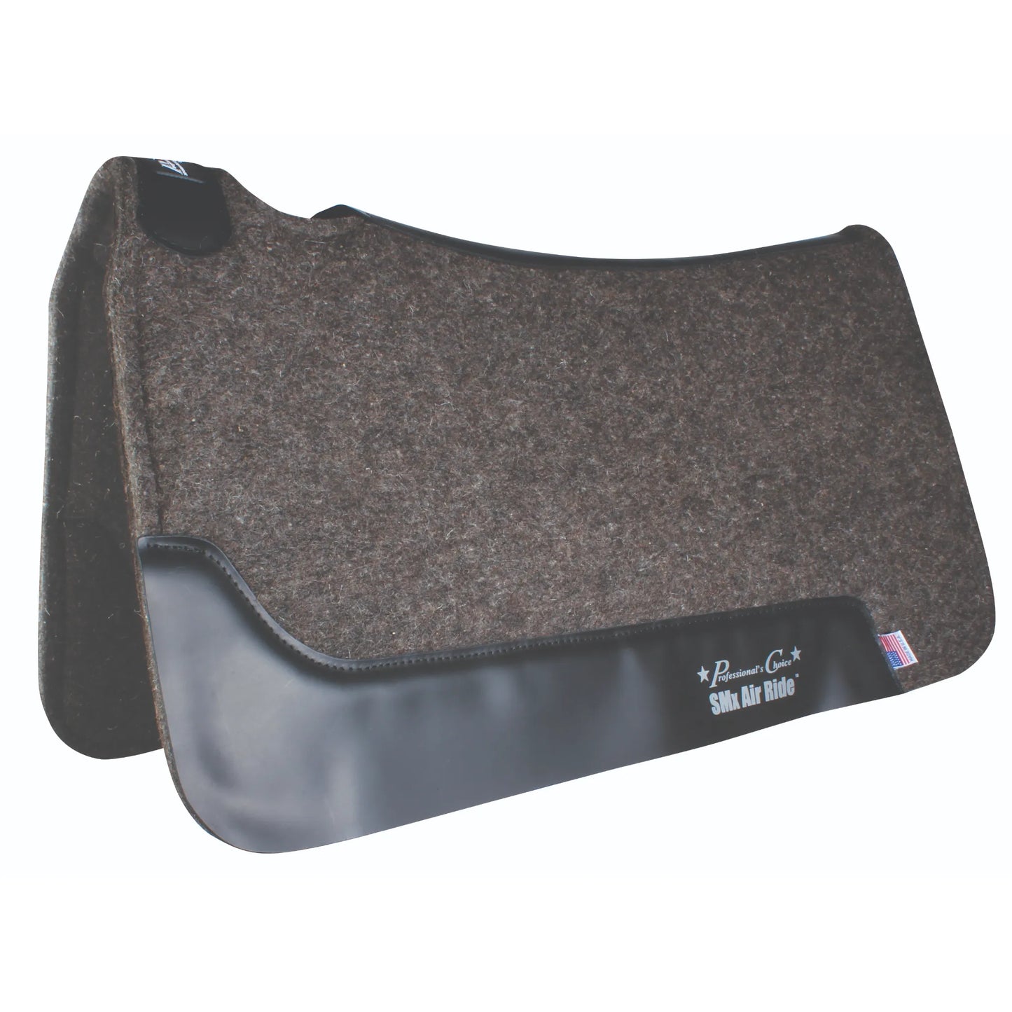 Professional's Choice SMx Air Ride Cowboy Saddle Pad in charcoal wool felt. This high-performance western horse saddle pad features a contoured back for an anatomical fit and a shock-absorbing, breathable core to maximize horse comfort. Detailed with durable black wear leathers, the Professional's Choice logo, and a small US flag. Ideal for western riders seeking moisture-wicking wool felt protection for trail riding, roping, or performance.