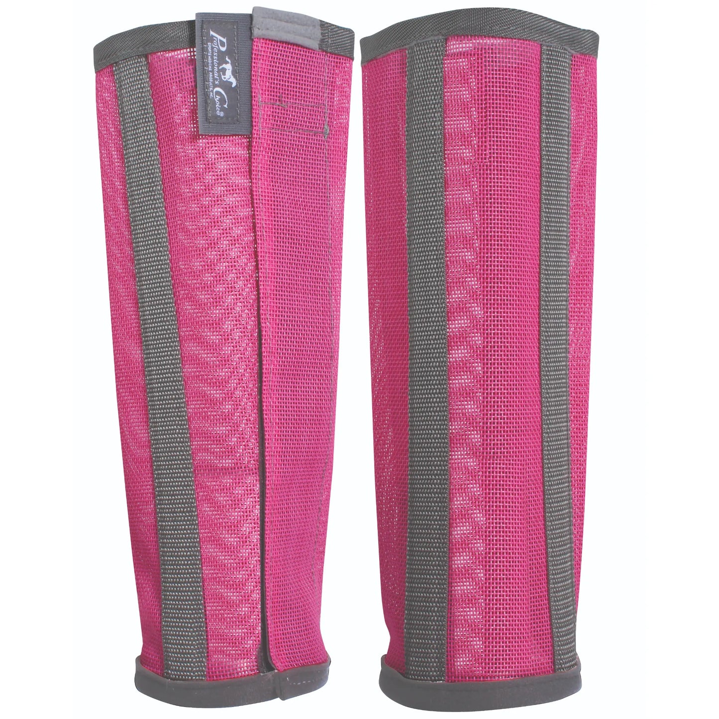 Professional's Choice Deluxe Fly Boots in vibrant pink mesh with charcoal grey trim. These high-quality horse leg protectors feature breathable mesh material, vertical stays to prevent sagging, and secure closures. Designed to offer ultimate protection against biting flies and UV rays, these stylish pink fly boots are essential for equine pasture or stable comfort.