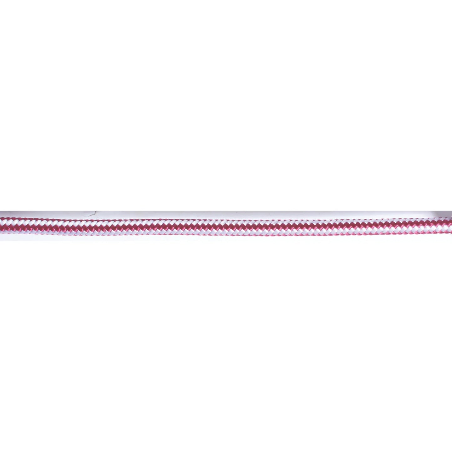 Close-up of the burgundy and white braided rope from the Professional's Choice Easy ON Rope Halter. This high-quality horse tack features a durable, weather-resistant construction ideal for training and daily use. The vibrant two-tone pattern adds a stylish touch to a piece of essential equestrian gear designed for quick application and long-lasting performance.