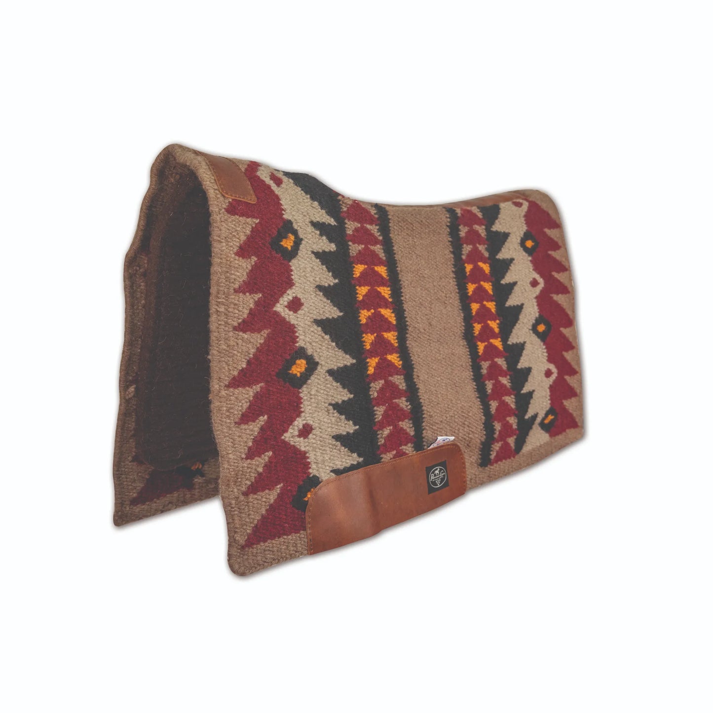 Professional's Choice Fuse Saddle Pad with a stunning Southwestern Navajo pattern in tan, burgundy, black, and orange. This 33" x 38" western saddle pad features premium leather wear leathers for durability and a steam-pressed felt bottom for superior shock absorption. Perfect for ranch work, trail riding, or competition, this high-quality horse saddle pad combines traditional style with modern performance for ultimate equine comfort.