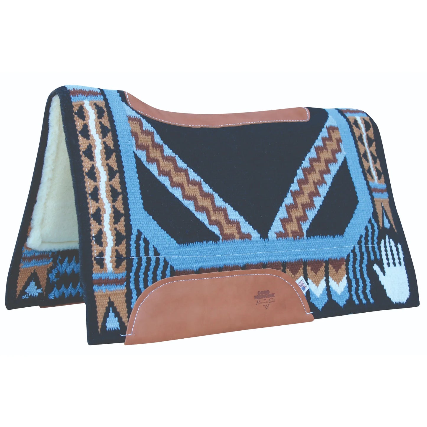 Professional's Choice Good Medicine Comfort-Fit SMX Air Ride Pad featuring a vibrant Southwest design in blue, black, tan, and white New Zealand wool. This Western saddle pad includes a leather-reinforced spine and wither, tan leather wear leathers with a branded logo, and a white hand print symbol. The plush fleece lining ensures horse comfort. Perfect for trail riding or competition, this durable pad blends traditional aesthetics with advanced impact protection.