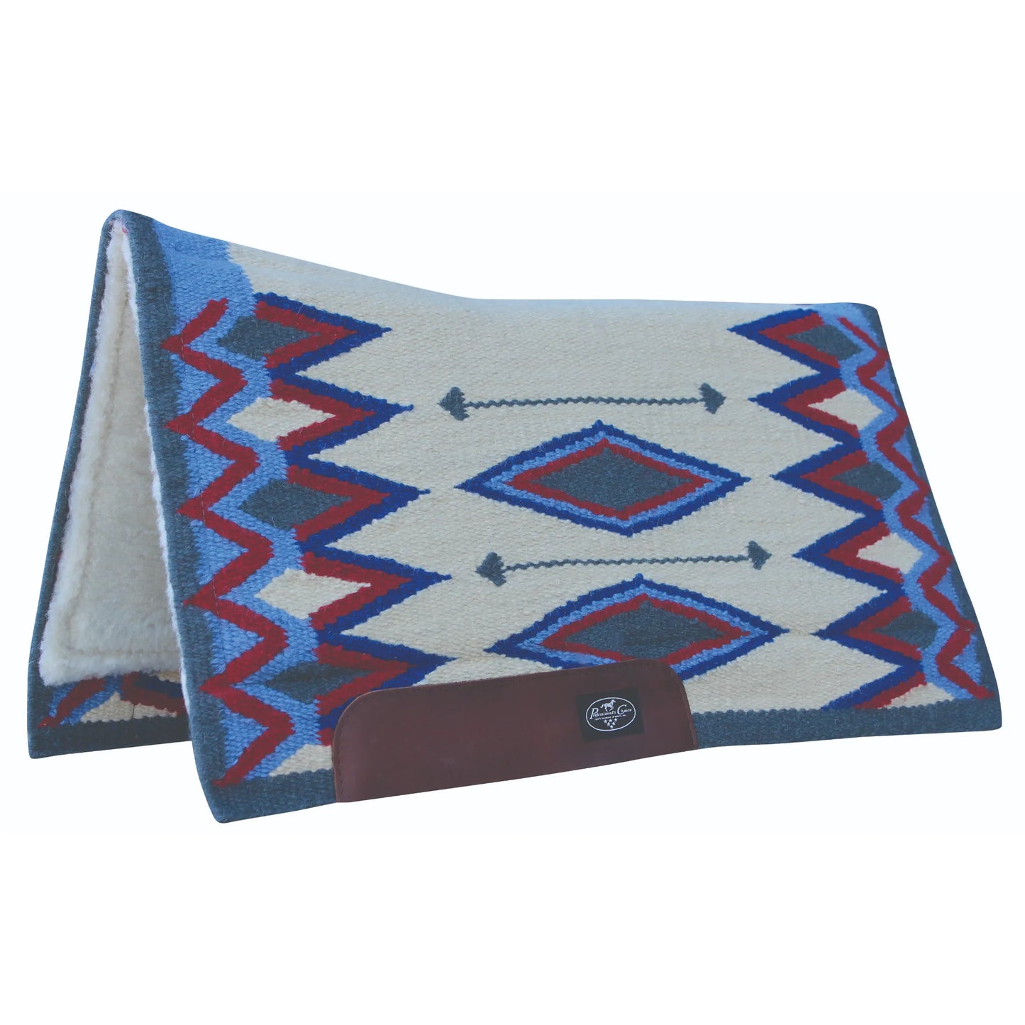 Professional's Choice Jalapeno Saddle Pad featuring a premium 100% New Zealand Wool blanket top with a vibrant Southwestern pattern in red, blue, and charcoal on a cream background. This Western horse pad includes a plush fleece lining for comfort and durable brown leather wear leathers embossed with the Professional's Choice logo. A stylish and functional choice for ranch work, trail riding, or Western horse show competition gear.